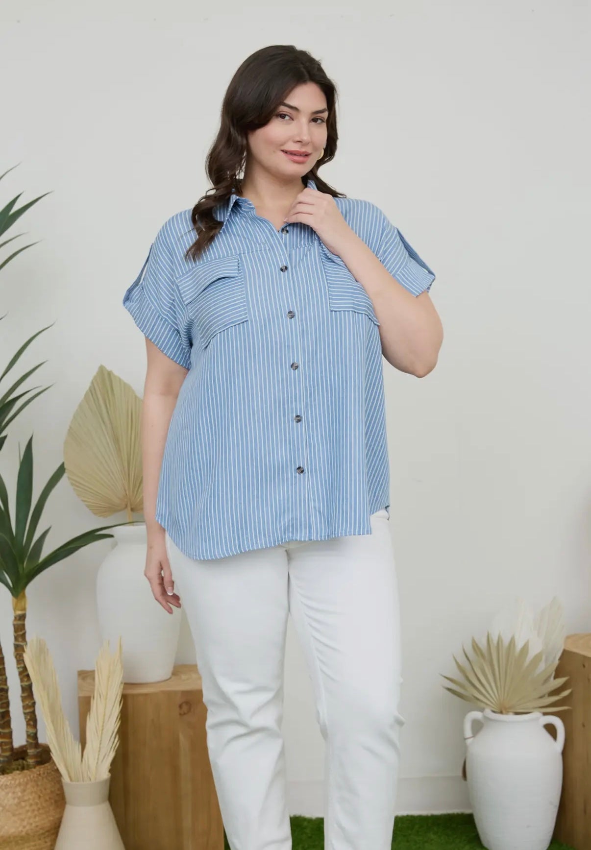 Irena Striped Button Down Top - Plus