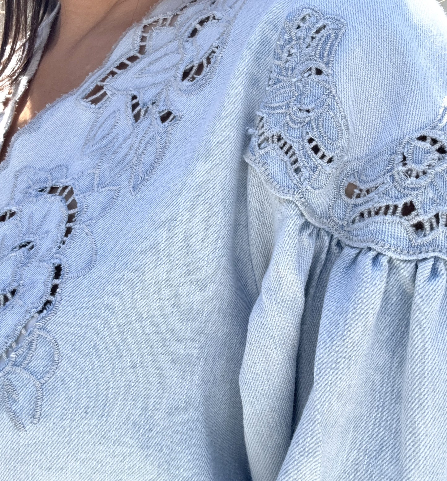 Genevieve Denim Embroidered Volume Sleeve Top