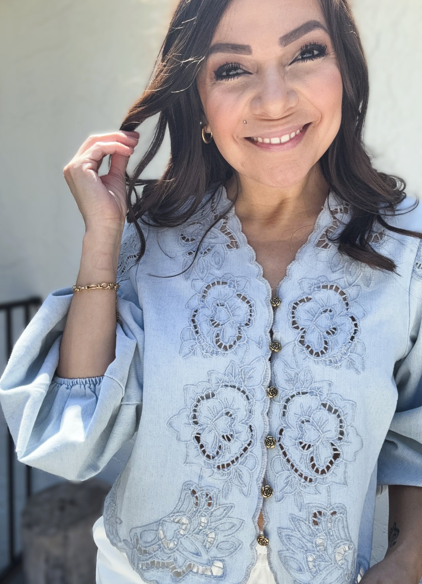 Genevieve Denim Embroidered Volume Sleeve Top