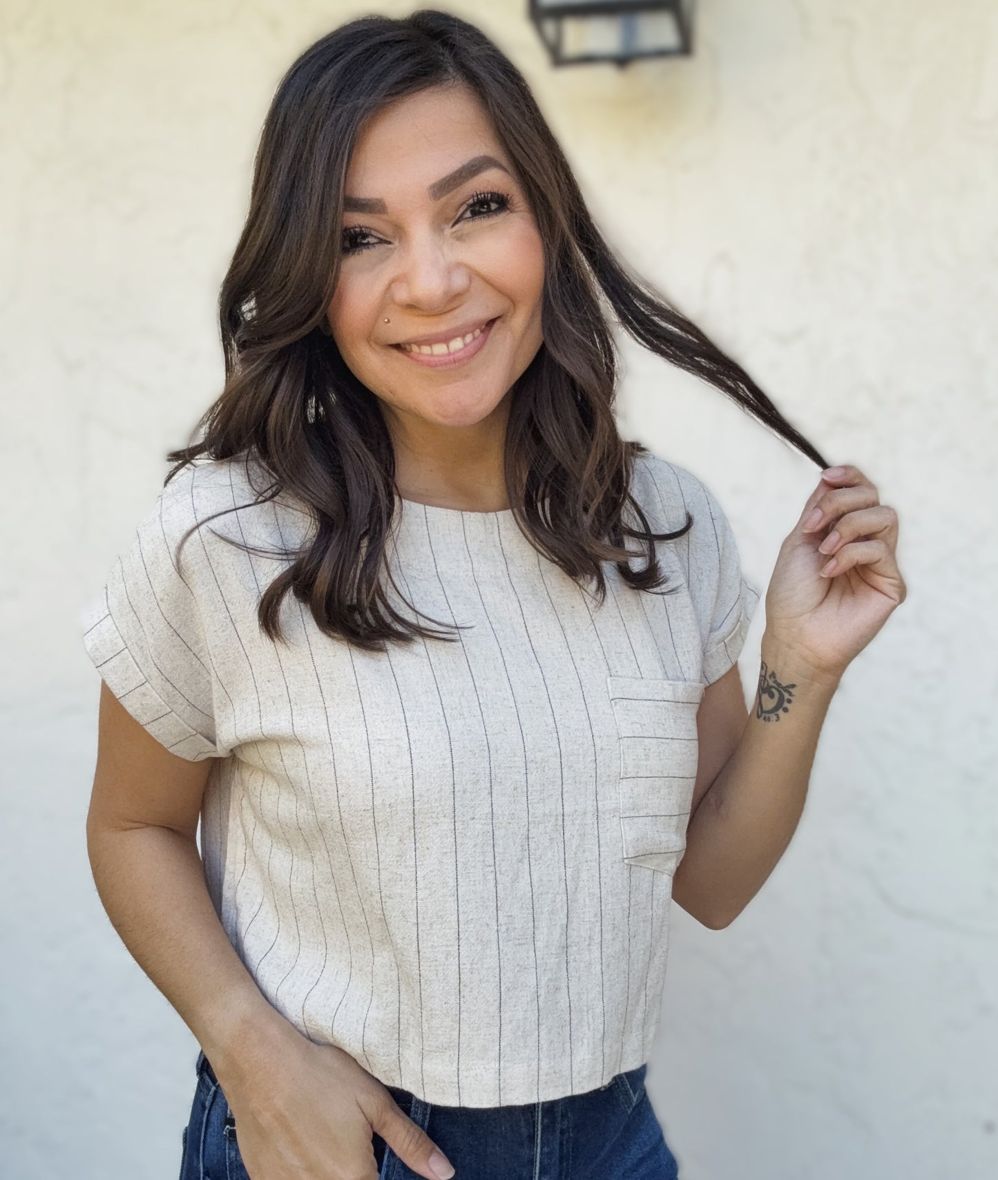 Heather Pinstripe Back Button Top