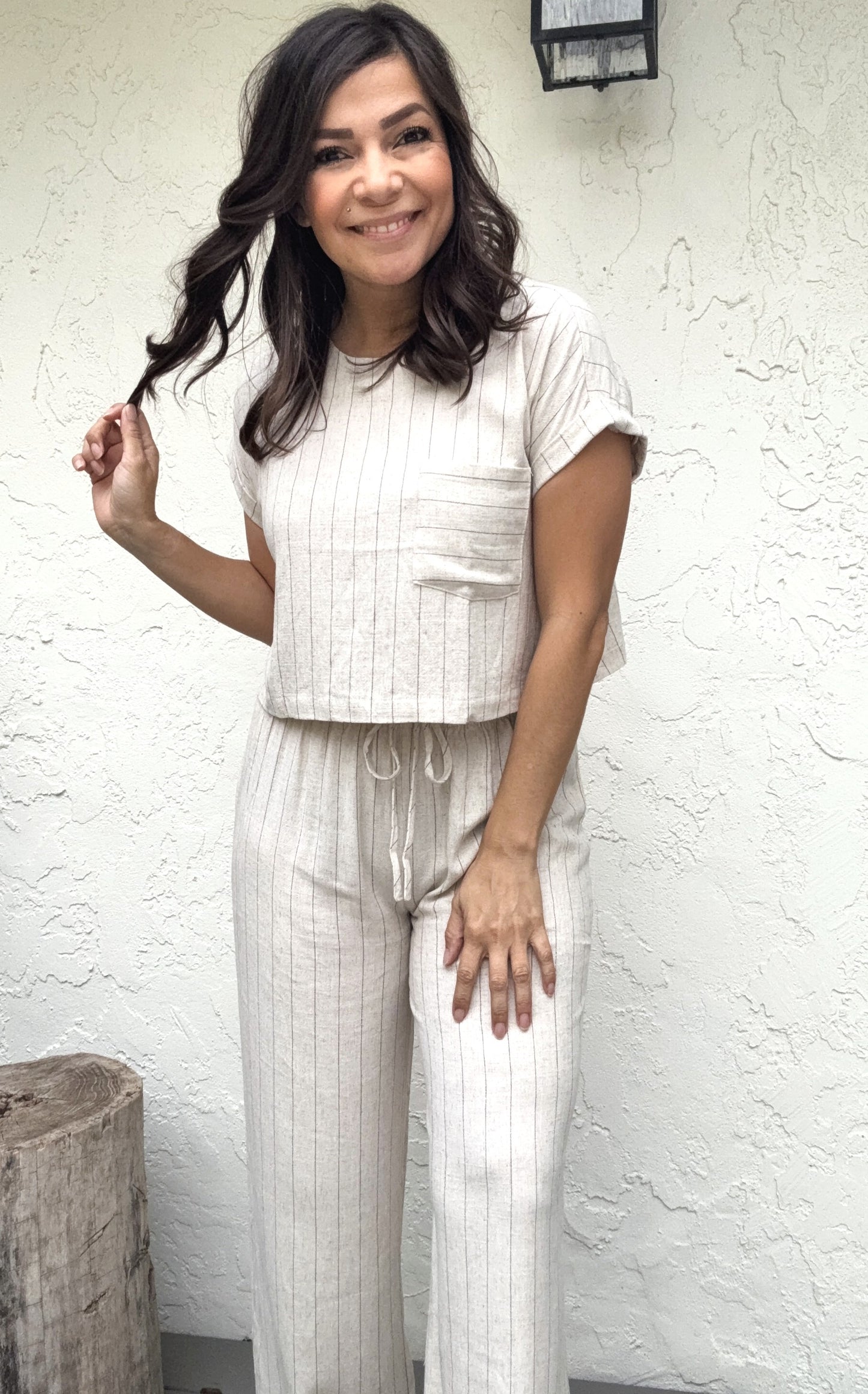 Heather Pinstripe Back Button Top
