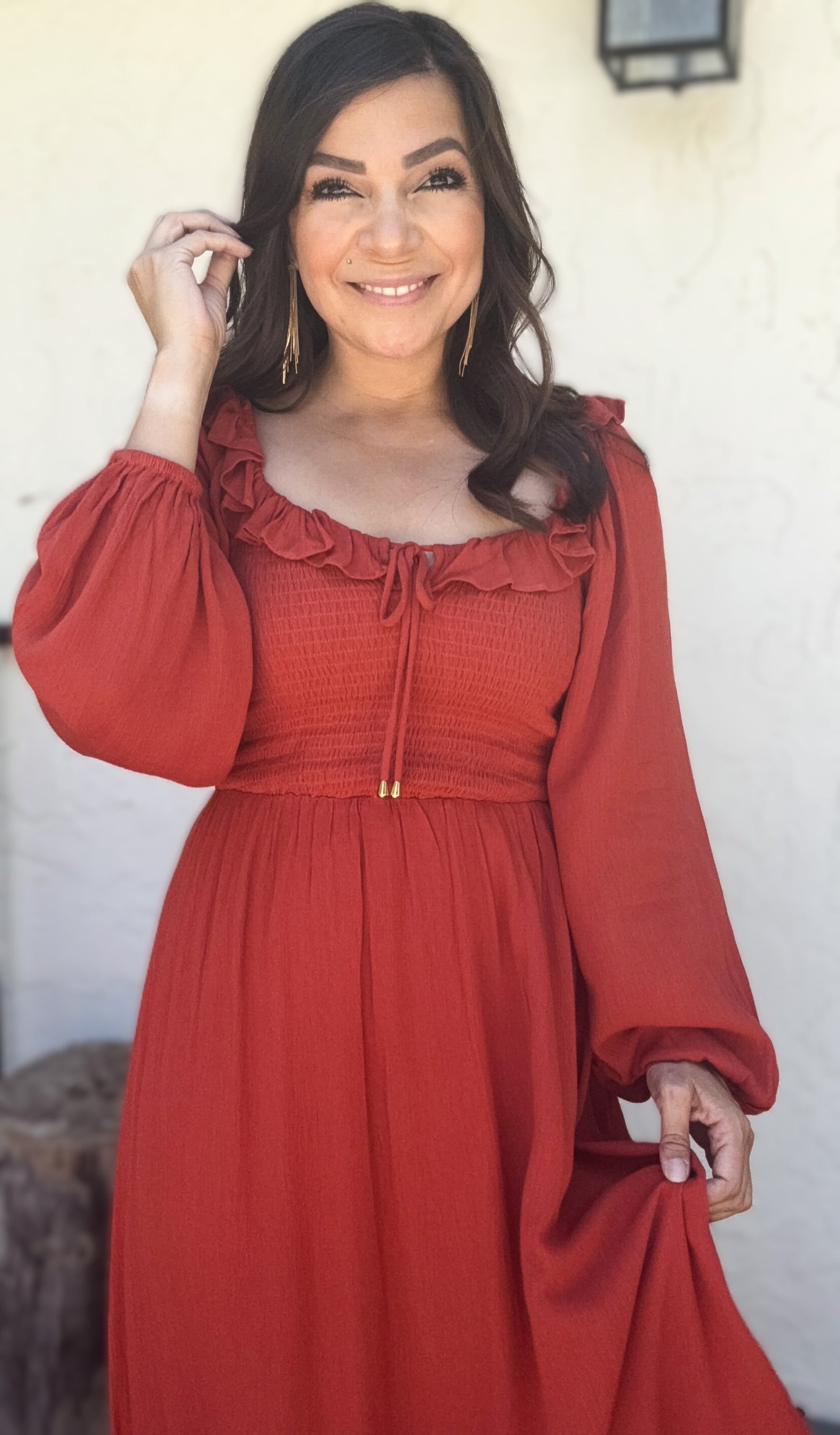 Leslie Frilled Smocking Midi Dress