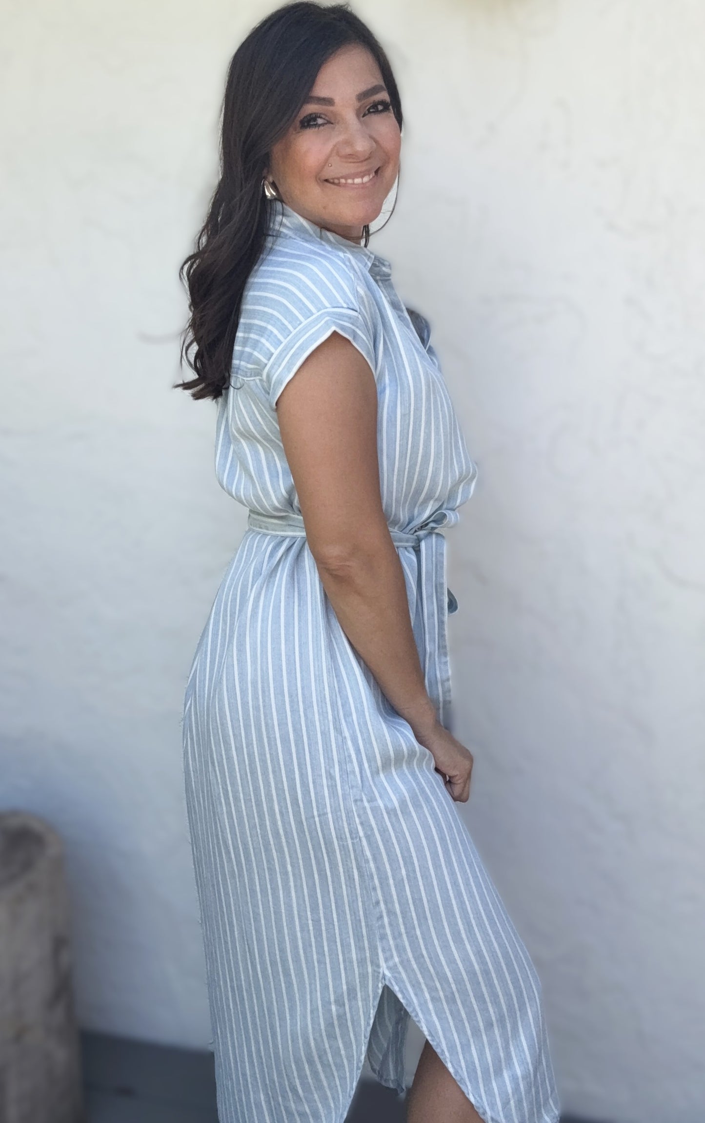 Rhea Striped Tie-Belt Strap Midi Dress