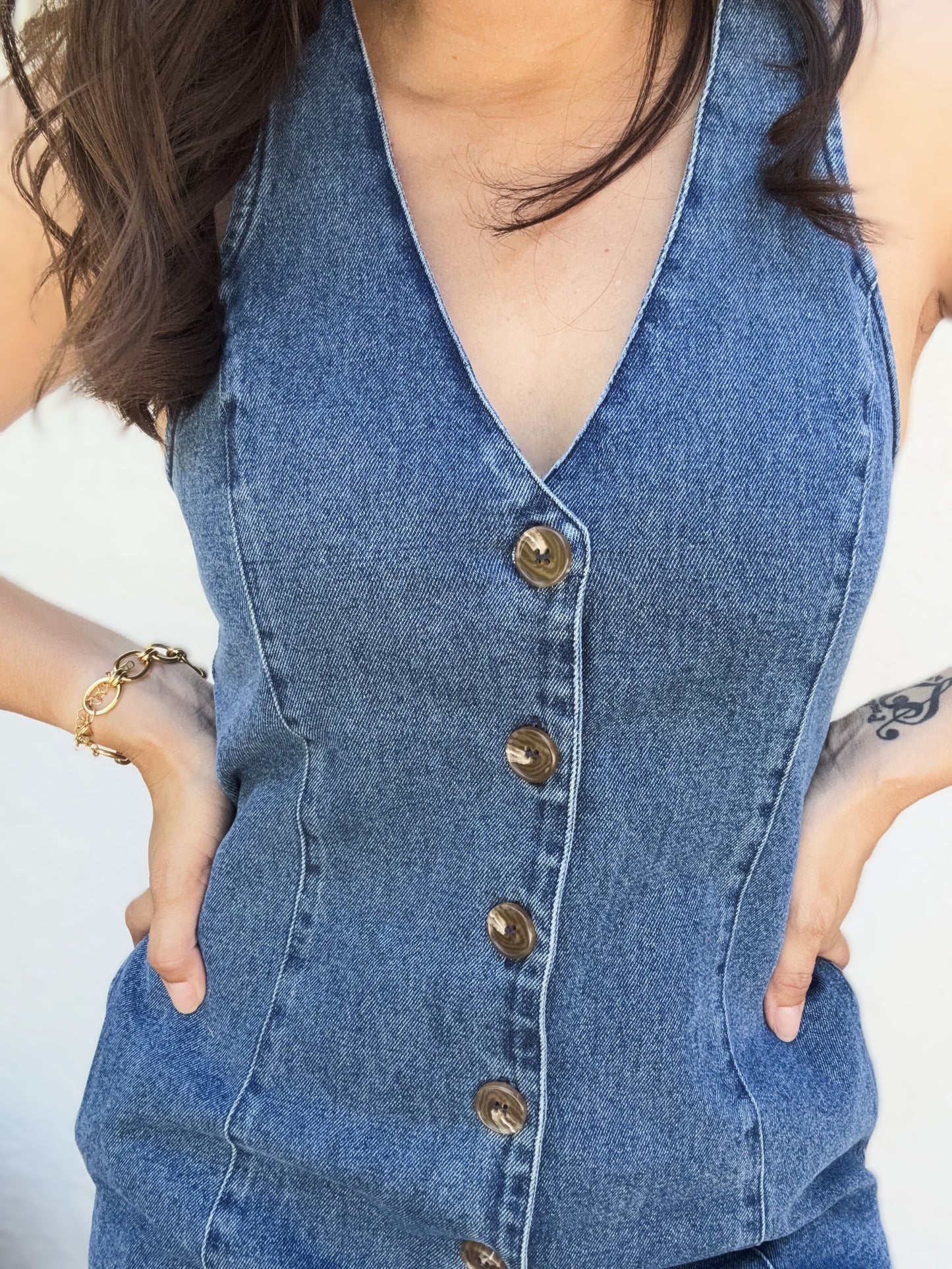 Everette Button Up Sleeveless Denim Romper