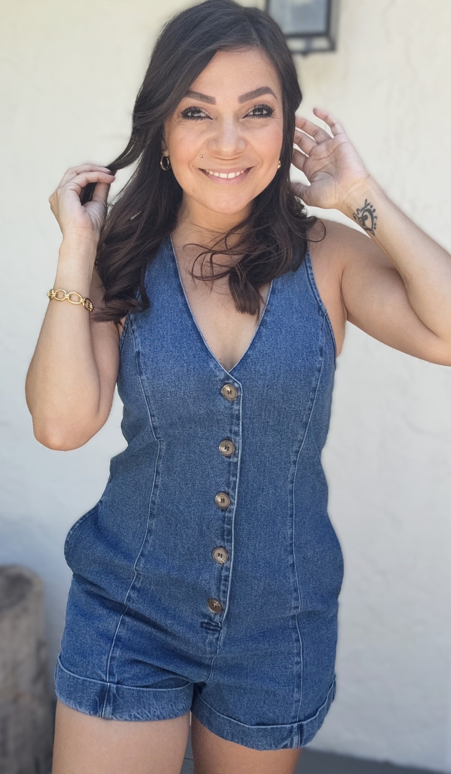 Everette Button Up Sleeveless Denim Romper