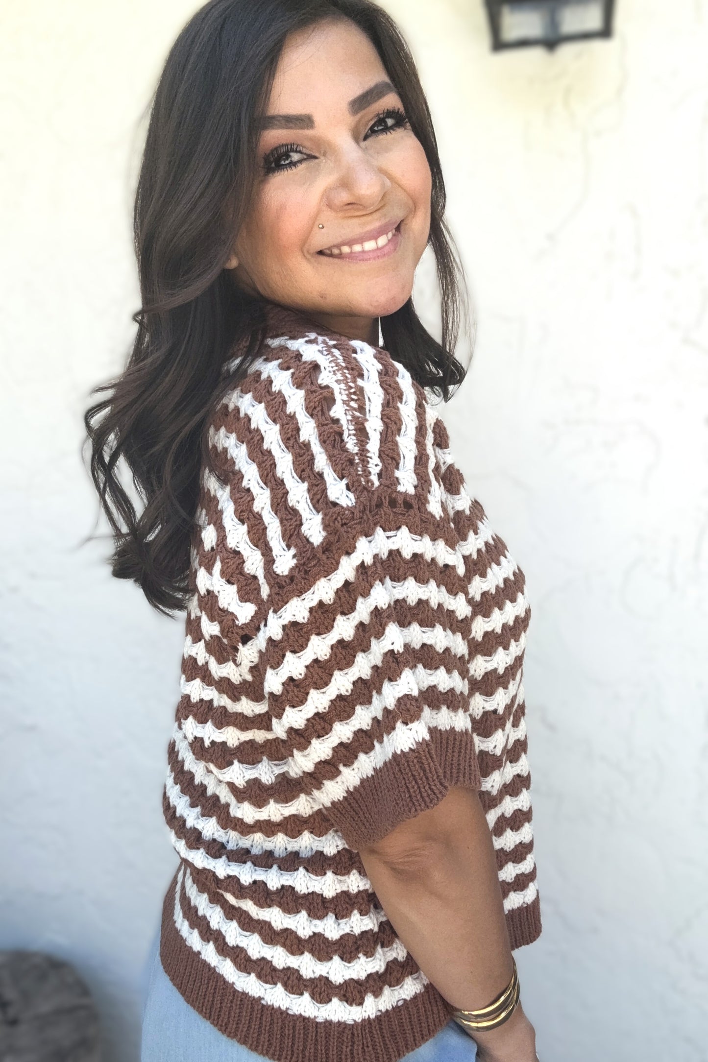 Zerena Button-Down Stripe Sweater Top