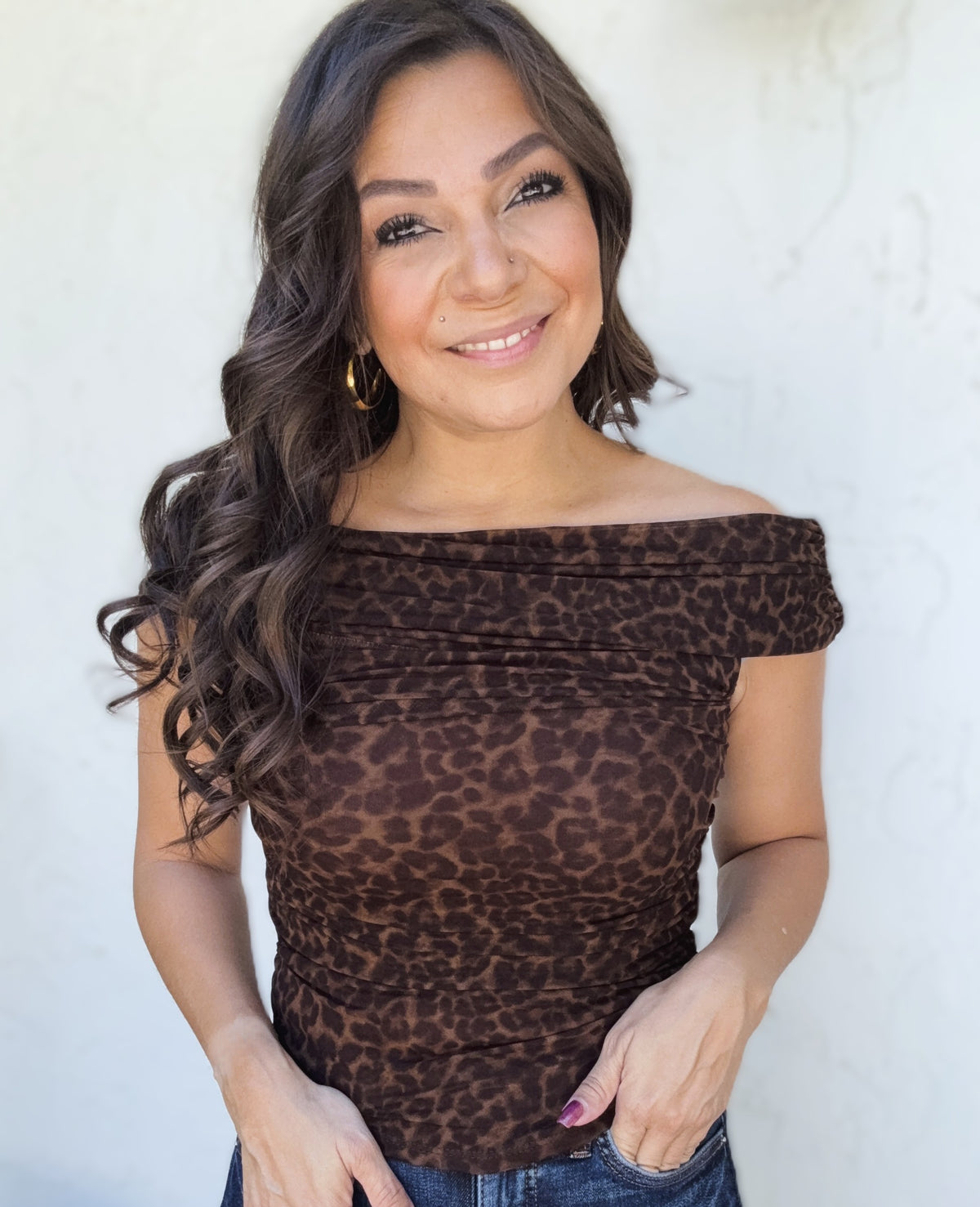 Alexia Off Shoulder Ruched Mesh Animal Print Top