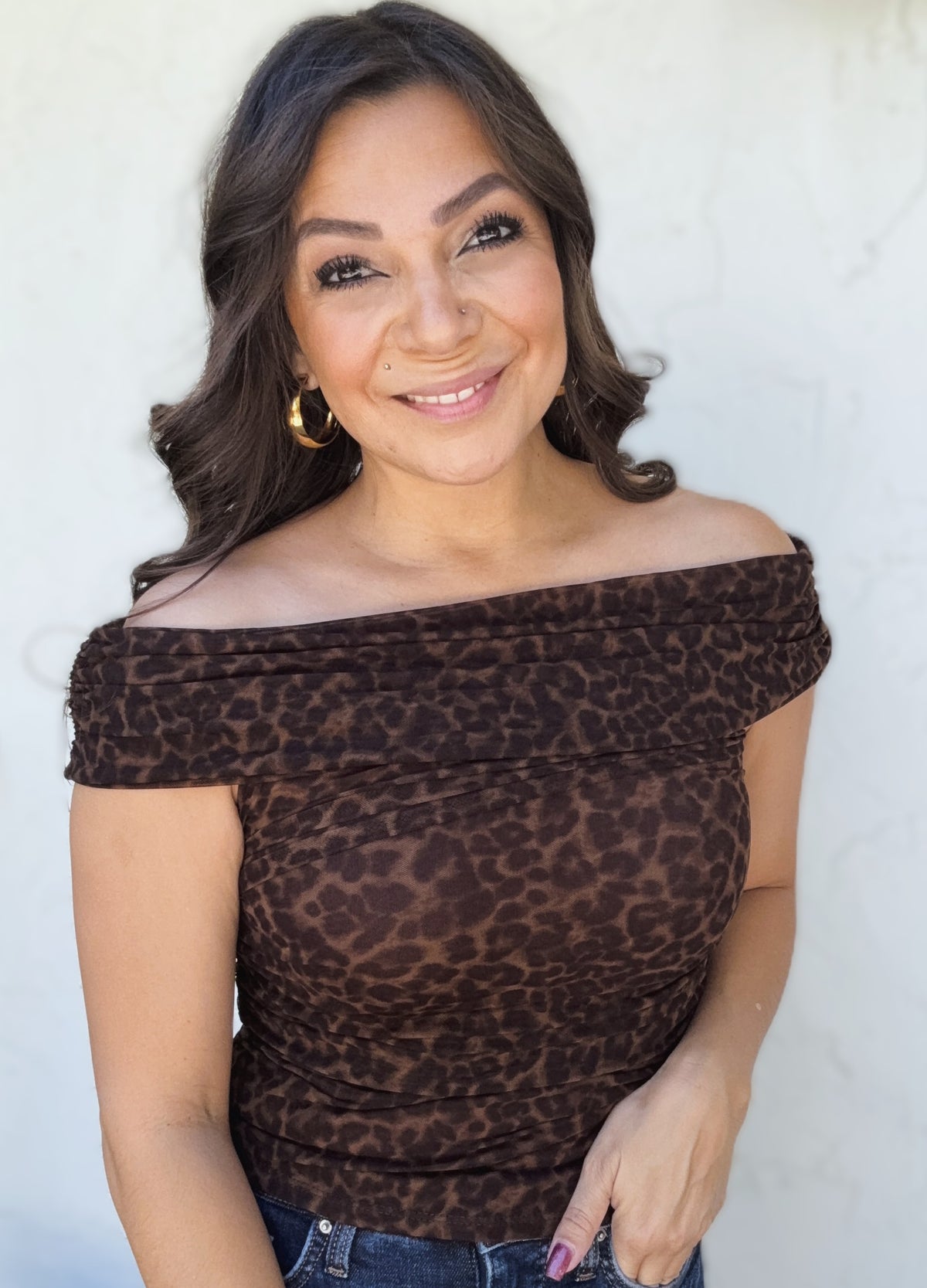 Alexia Off Shoulder Ruched Mesh Animal Print Top