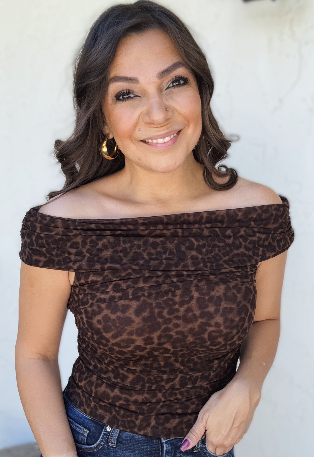 Alexia Off Shoulder Ruched Mesh Animal Print Top