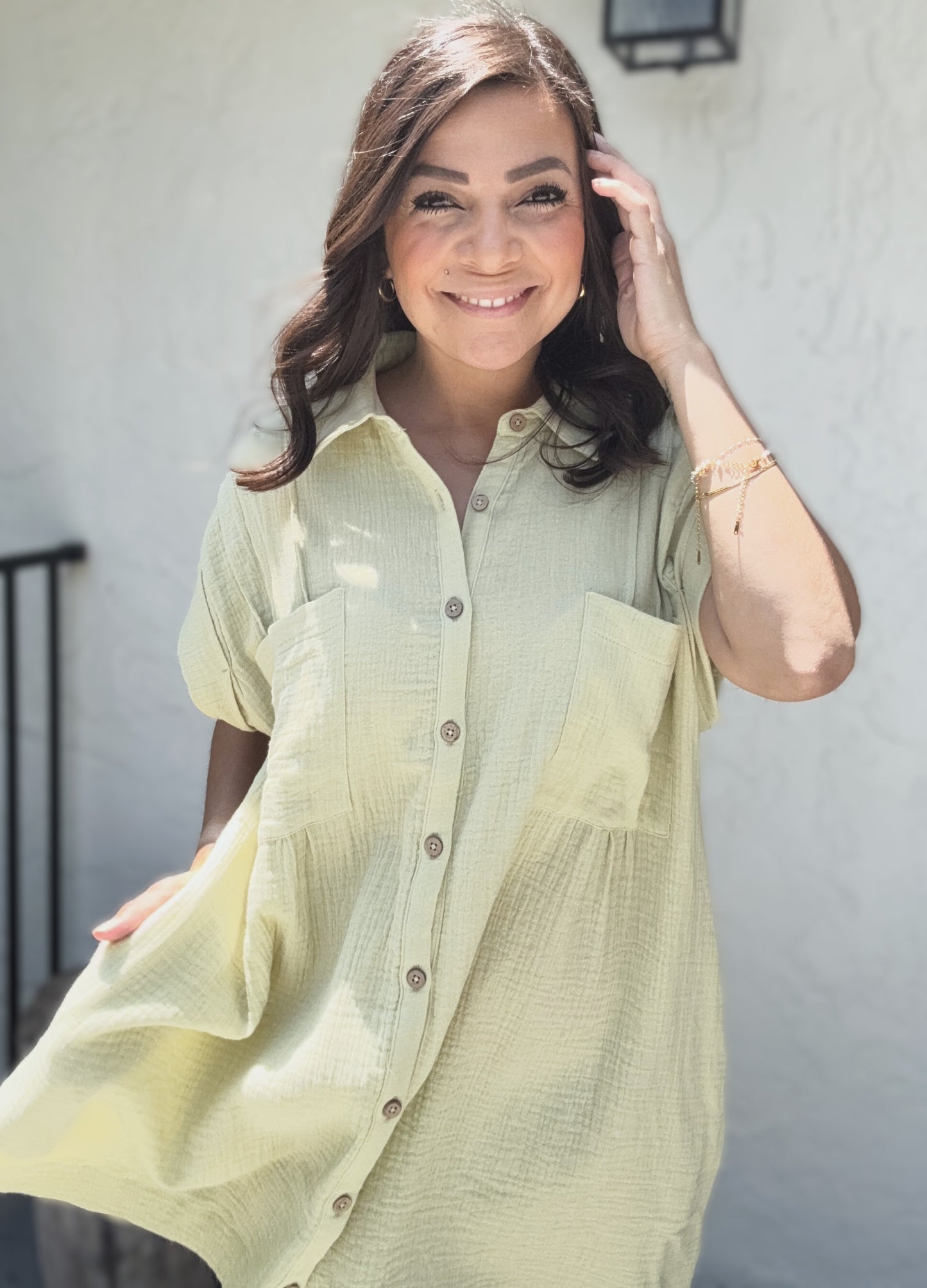 Amber Double Gauze Button Front Tunic Dress
