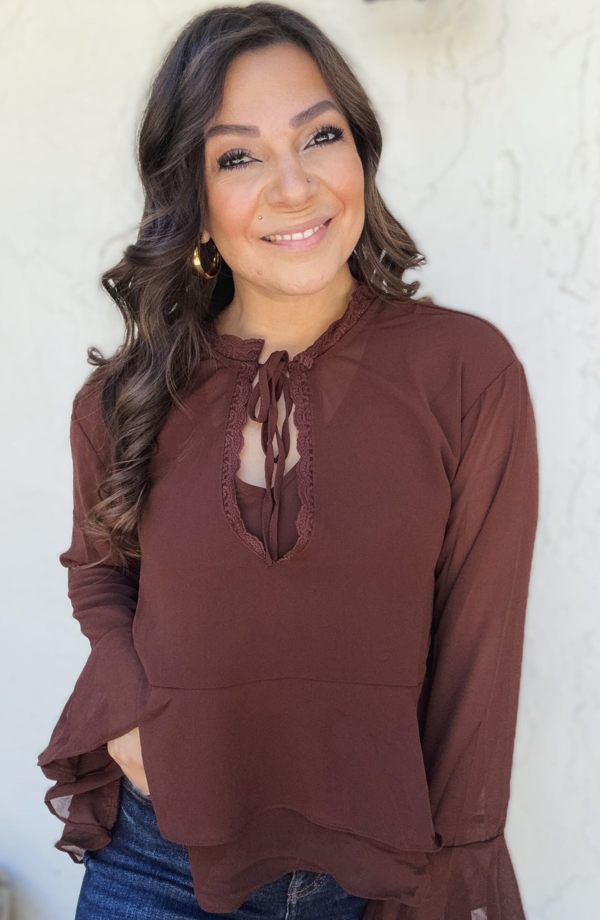 Cara Tiered Ruffle Tie-Neck Long Sleeve Top
