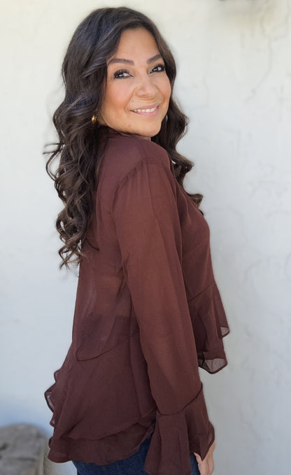 Cara Tiered Ruffle Tie-Neck Long Sleeve Top