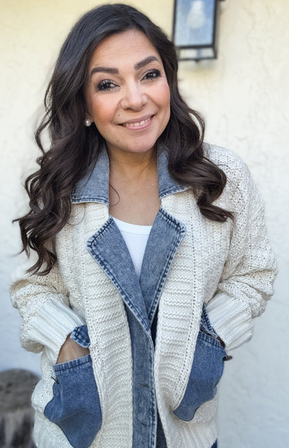 Ellie Cable Knit Denim Trim Jacket