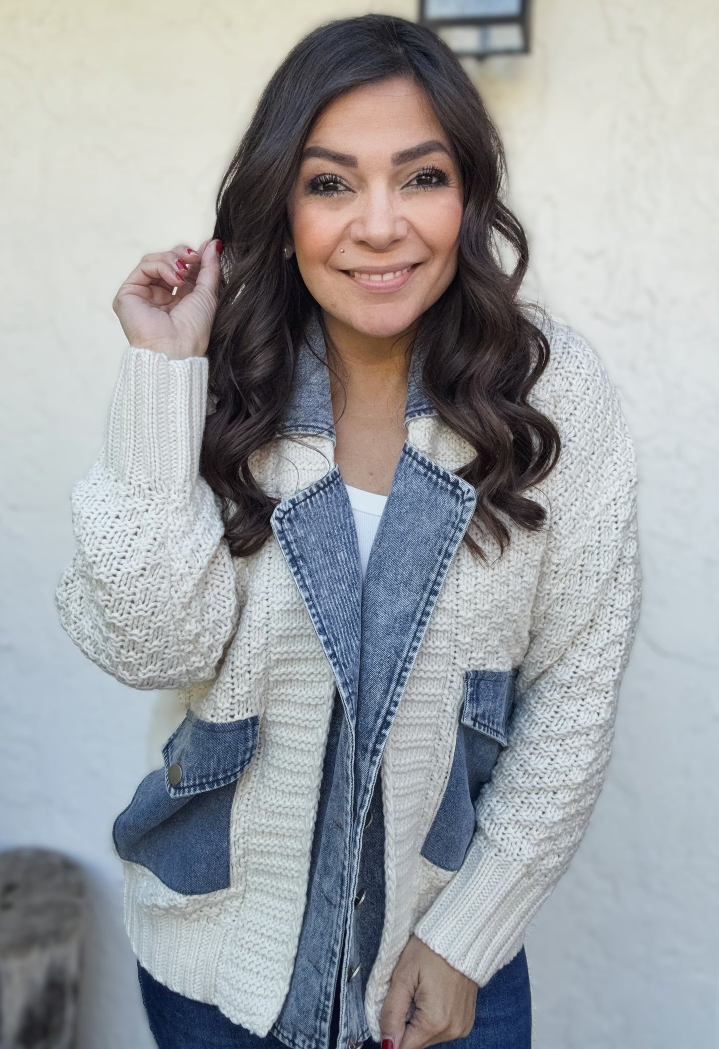 Ellie Cable Knit Denim Trim Jacket