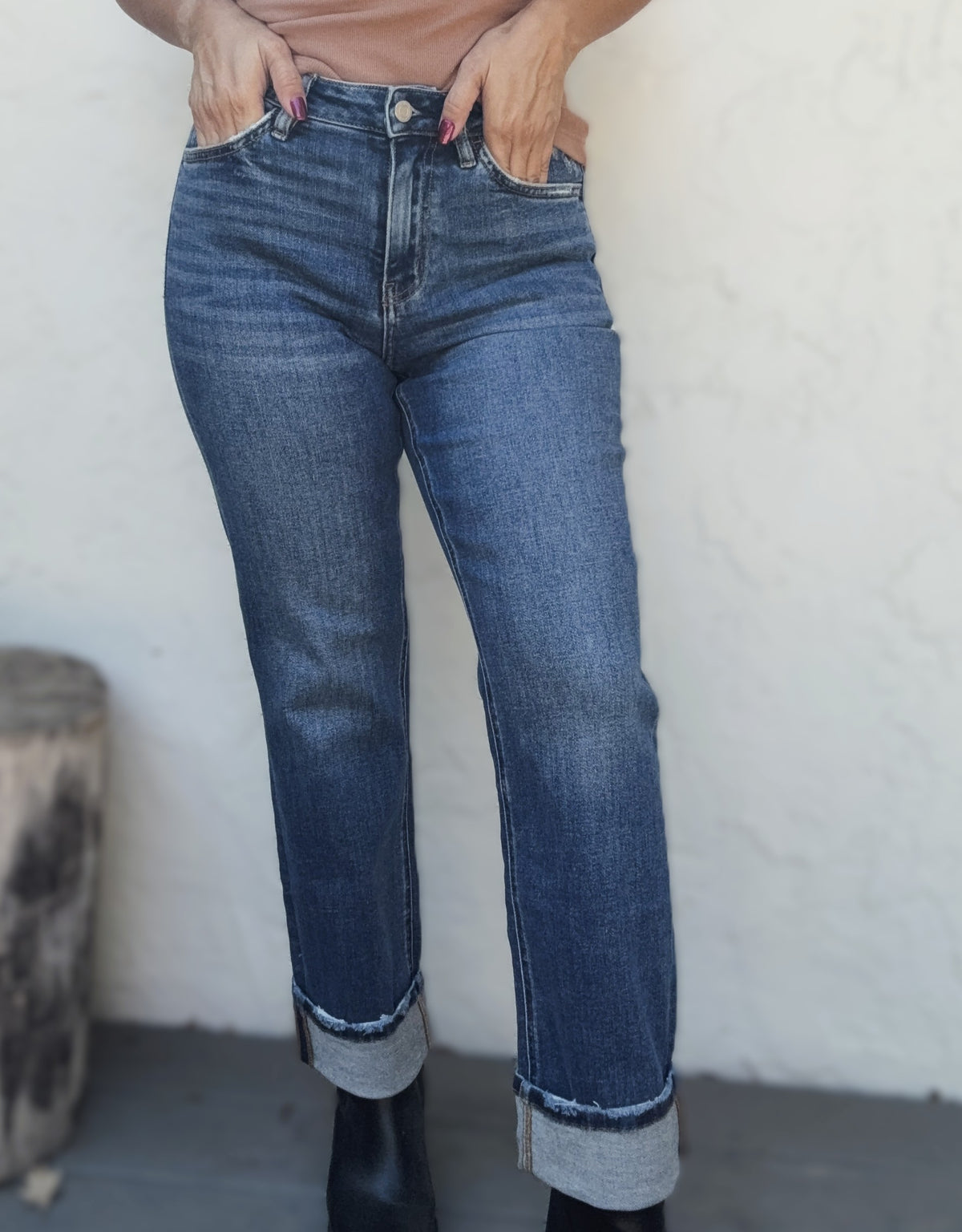 Genesis High Rise Dark Wash Cuffed Straight Jeans