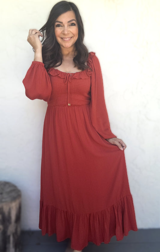 Leslie Frilled Smocking Midi Dress