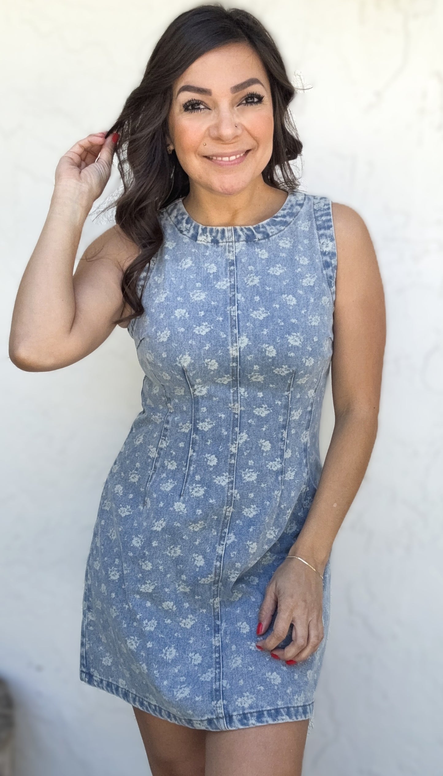 Lillian Floral Washed Denim Sleeveless Mini Dress