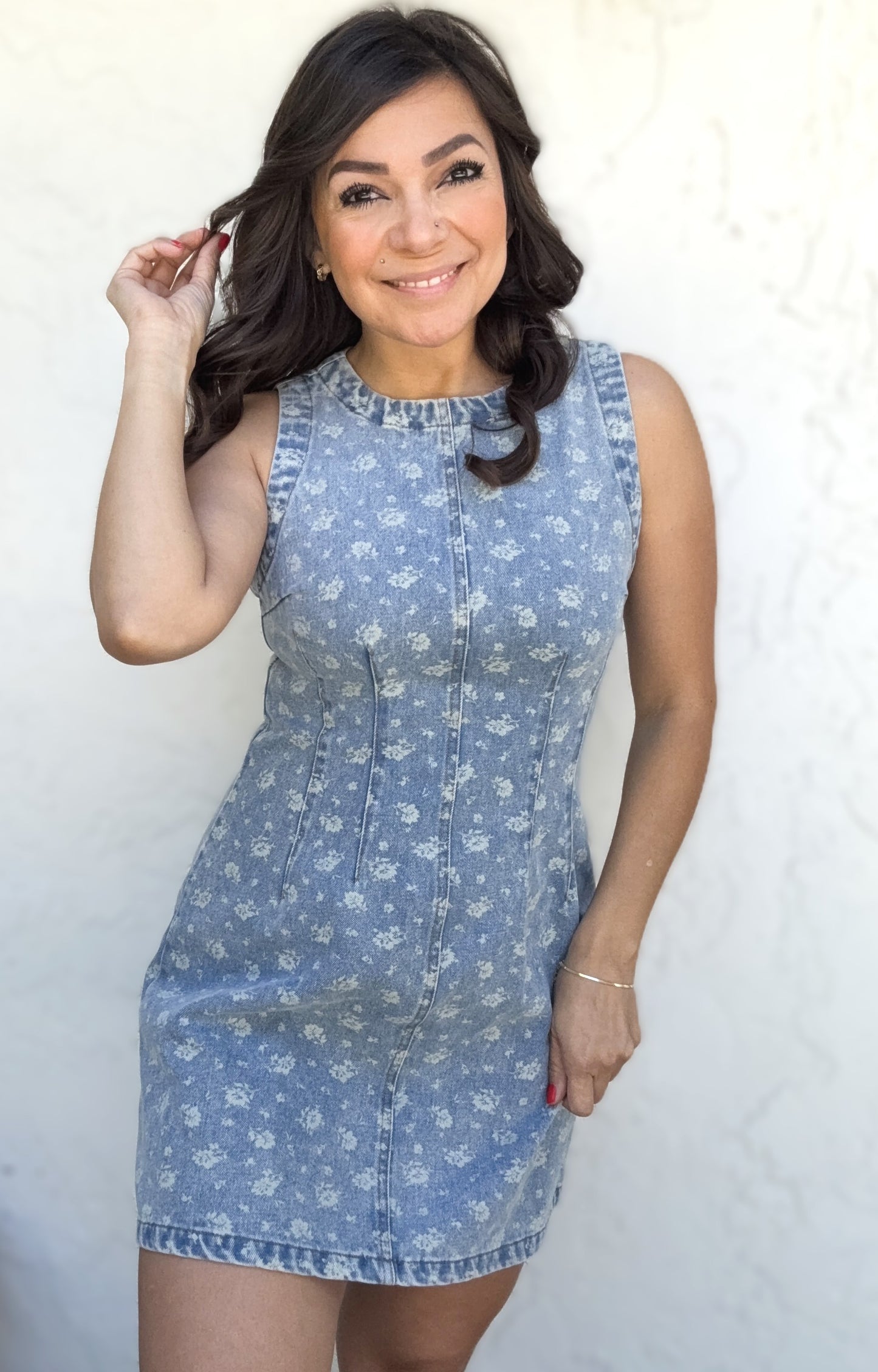 Lillian Floral Washed Denim Sleeveless Mini Dress