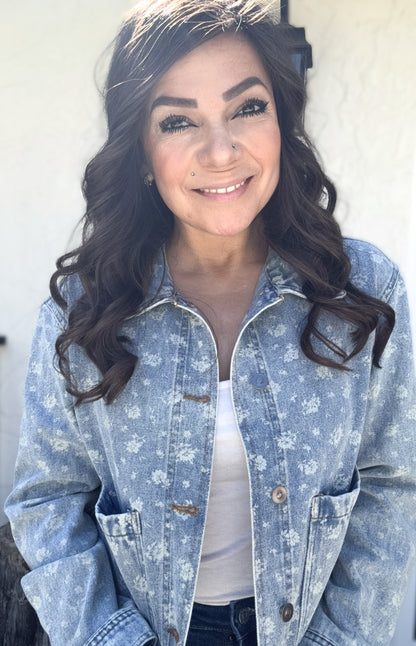 Myla Floral Washed Denim Button Down Jacket