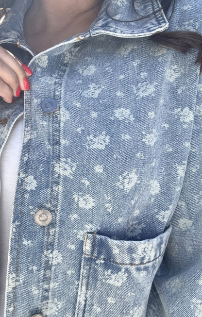 Myla Floral Washed Denim Button Down Jacket