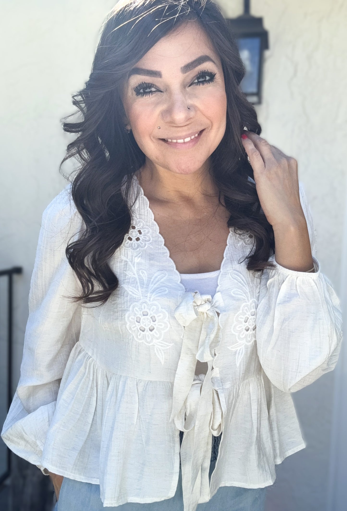 Ophelia Floral Embroidered Front Tie Top