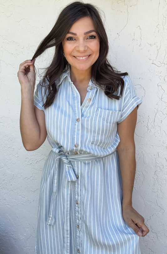 Rhea Striped Tie-Belt Strap Midi Dress
