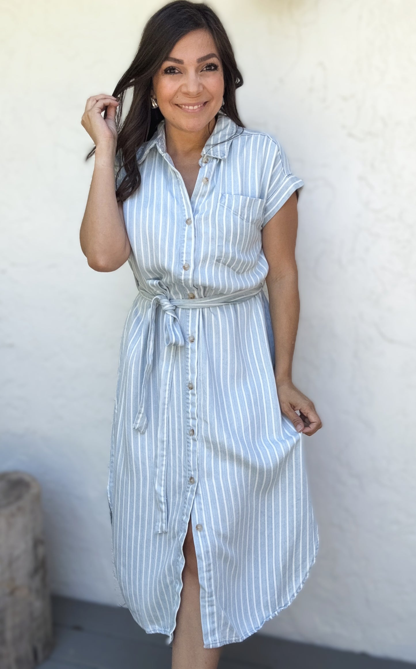 Rhea Striped Tie-Belt Strap Midi Dress