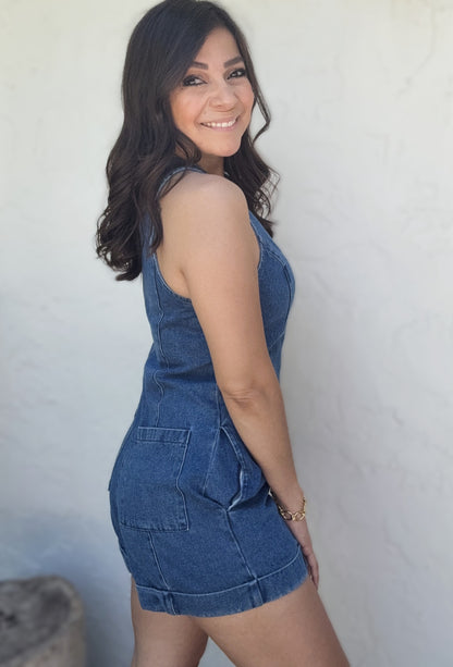 Everette Button Up Sleeveless Denim Romper