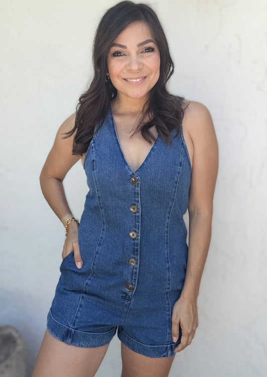Everette Button Up Sleeveless Denim Romper