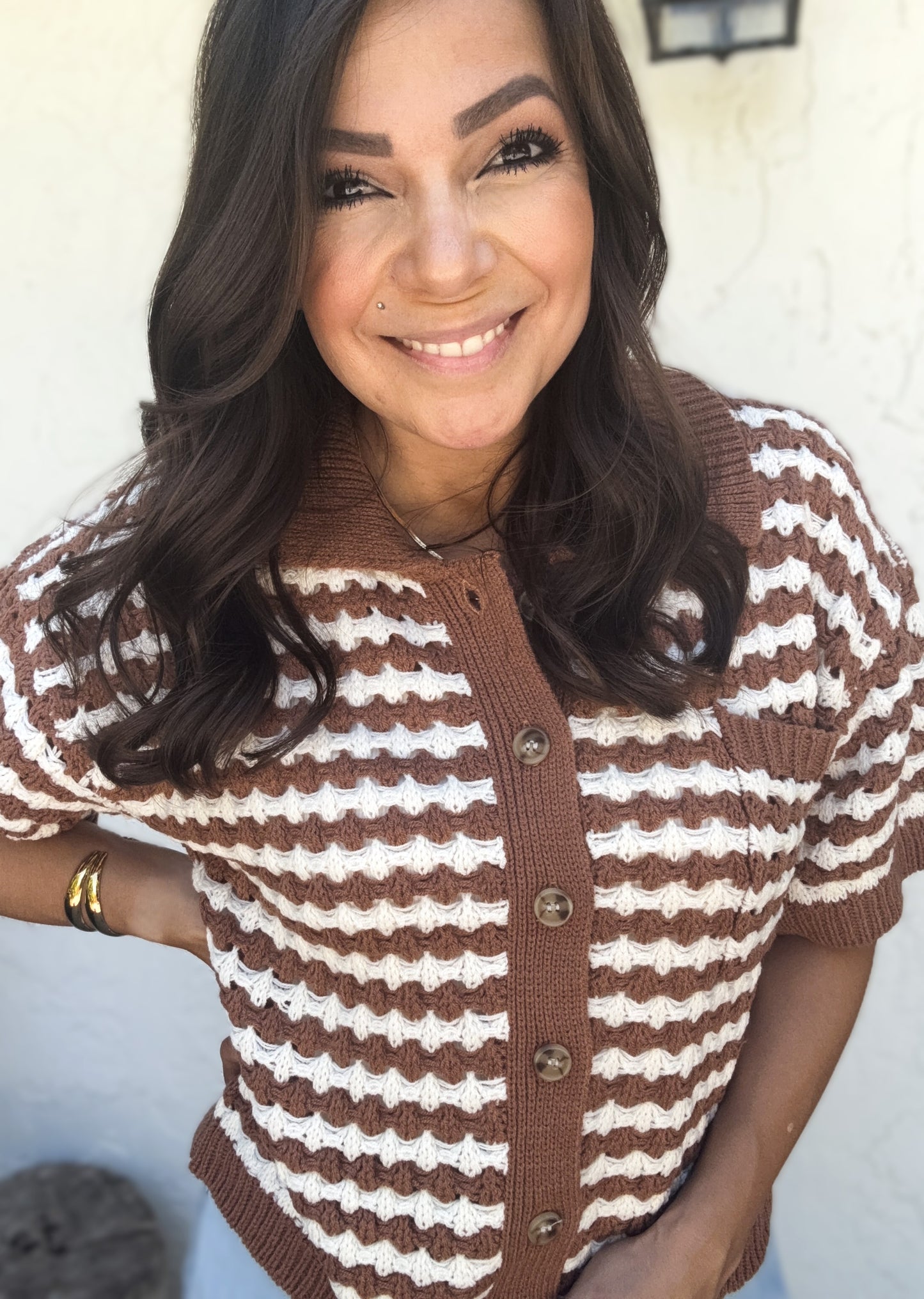 Zerena Button-Down Stripe Sweater Top